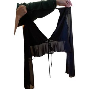 Black Sheer Crop Top with Flowy Sleeves and Front Tie